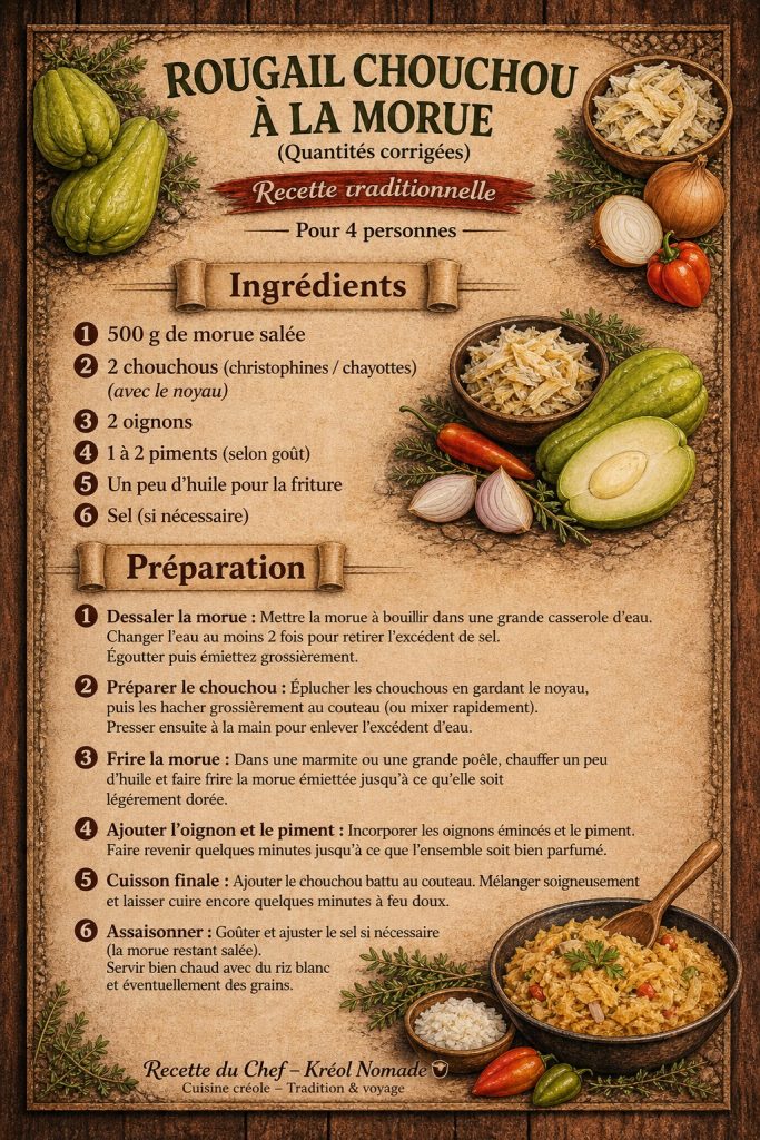 Rougail chouchou à la morue, recette réunionnaise traditionnelle